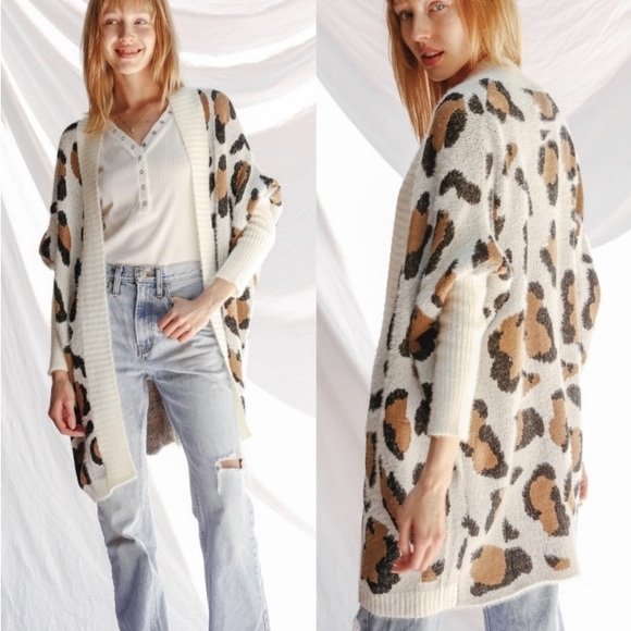 Miss Sparkling Sweaters - NEW! Cream Tan Brown Leopard Open Cardigan Sweater S L 1X 2X